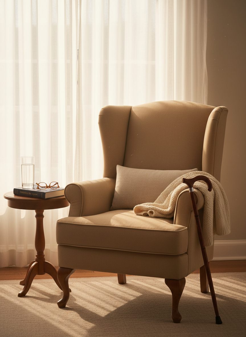 A calm, softly lit living room corner centered around an empty high-backed upholstered armchair with a supportive cushion and folded knitted blanket resting on one arm. Beside it, a small wooden side table holds a glass of water, reading glasses, and a closed hardcover book titled “Navigating Elder Care Options.” A walking cane leans carefully against the chair, and a medical alert device rests neatly on the table. Warm afternoon light streams through sheer curtains, creating a gentle, comforting glow. Photographic realism, eye-level composition, and a balanced frame highlight the thoughtful arrangement. The mood is serene, safe, and quietly dignified, emphasizing comfort and preparedness for elder care without any human presence.