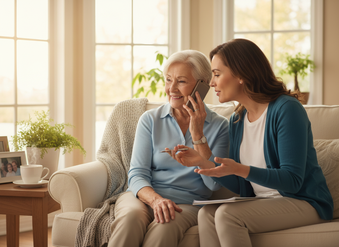 A warm, professional scene of an older adult and a family member talking on the phone with a friendly care coordinator, in a calm home setting, soft natural light, reassuring mood, realistic photography style