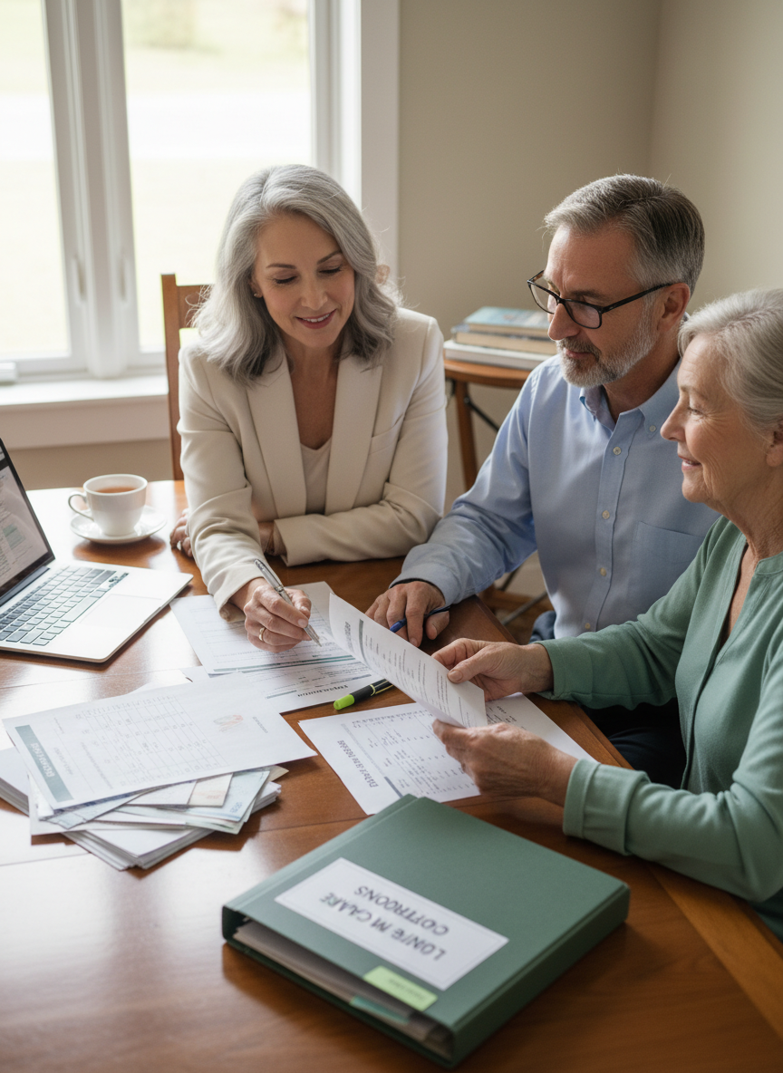 A calm, professional scene of two middle-aged adults and an older adult sitting together at a dining table, reviewing financial paperwork, bills, and a simple budget worksheet. Soft natural light, warm but neutral colors, organized documents, laptops and pens on the table, subtle nods to elder care planning such as a folder labeled 'Care Plan' or 'Long-Term Care Options'. Photographic, realistic style, reassuring and collaborative mood, suitable for an elder care planning website.