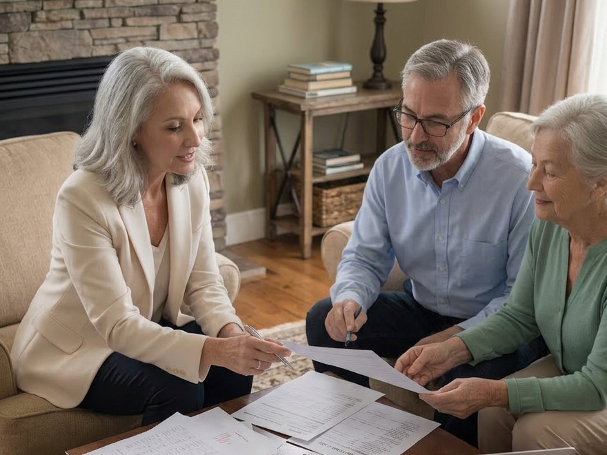 A calm, professional scene of two middle-aged adults and an older adult sitting together at a dining table, reviewing financial paperwork, bills, and a simple budget worksheet. Soft natural light, warm but neutral colors, organized documents, laptops and pens on the table, subtle nods to elder care planning such as a folder labeled 'Care Plan' or 'Long-Term Care Options'. Photographic, realistic style, reassuring and collaborative mood, suitable for an elder care planning website. A calm, professional scene of two middle-aged adults and an older adult sitting together at a dining table, reviewing financial paperwork, bills, and a simple budget worksheet. Soft natural light, warm but neutral colors, organized documents, laptops and pens on the table, subtle nods to elder care planning such as a folder labeled 'Care Plan' or 'Long-Term Care Options'. Photographic, realistic style, reassuring and collaborative mood, suitable for an elder care planning website.