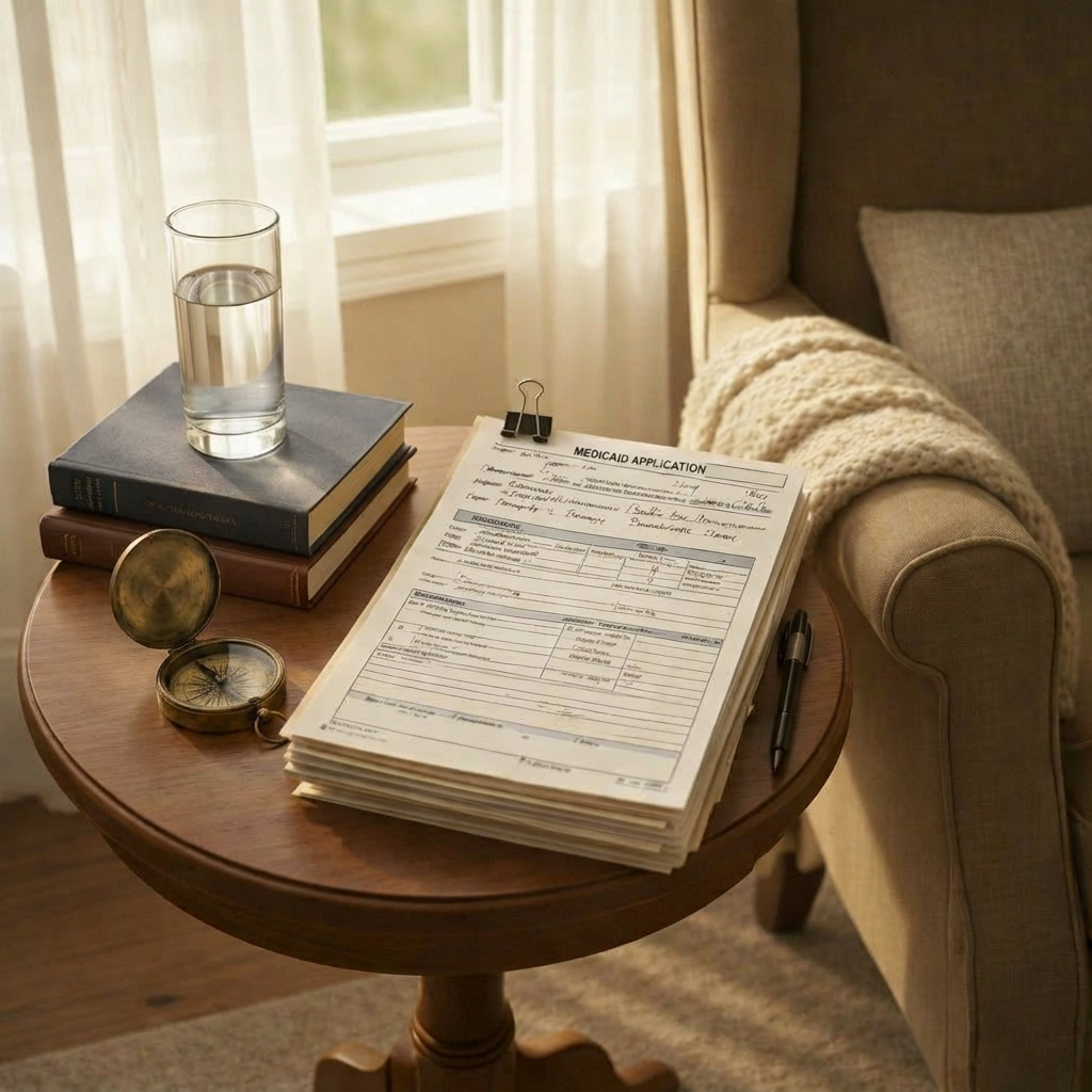 Medicaid application paperwork on table Stack of Medicaid application forms on a wooden table with a pen and glasses of water nearby
