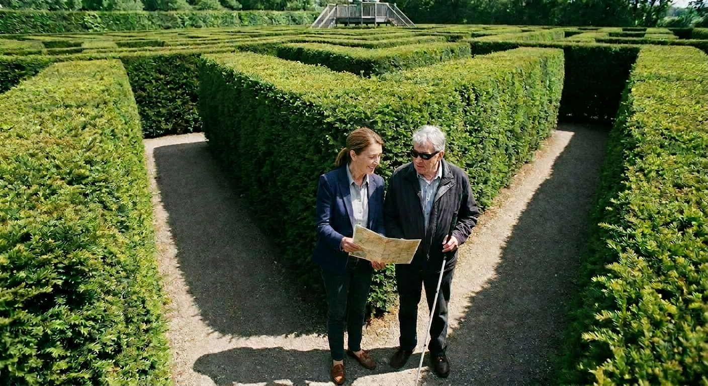 Navigating with map in garden maze Woman pointing while holding map and guiding elderly man with cane in hedge maze