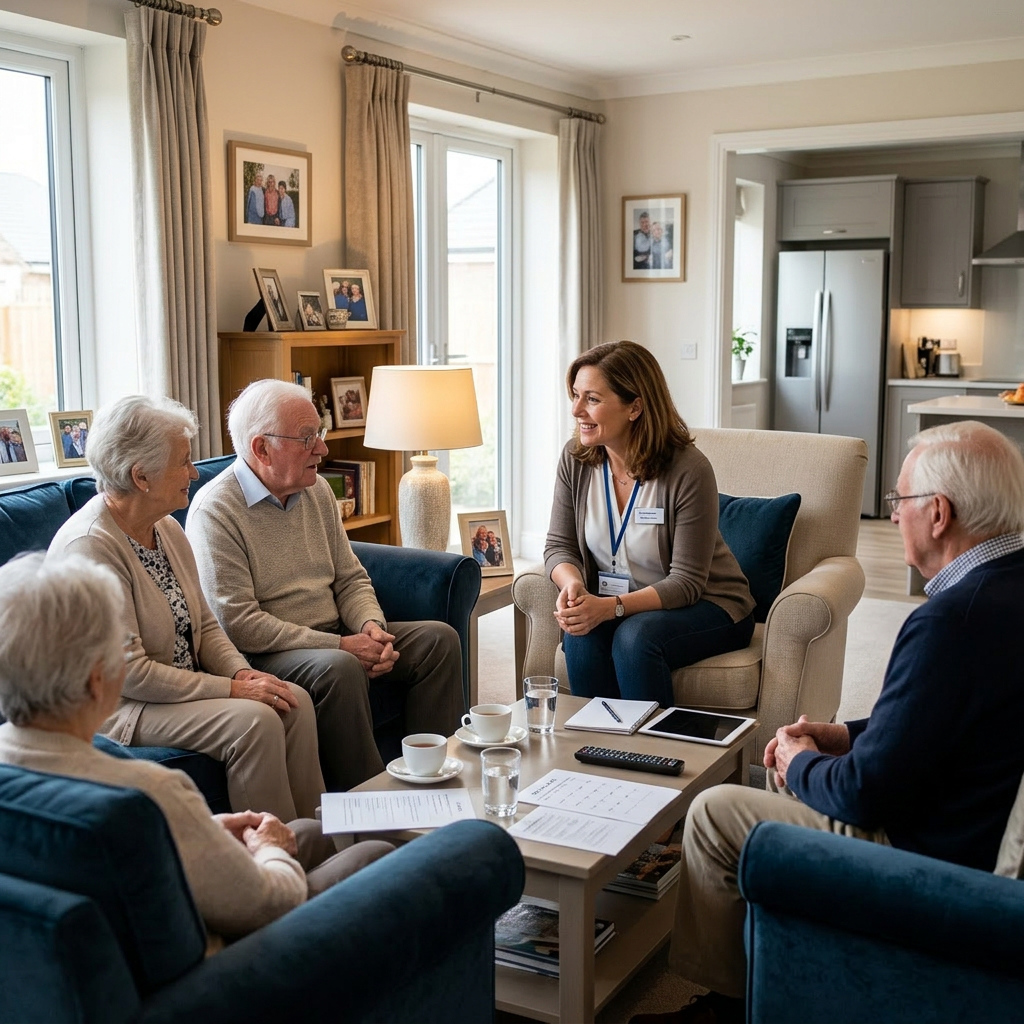 Healthcare worker talking with four elderly people seated around a coffee table in a living room